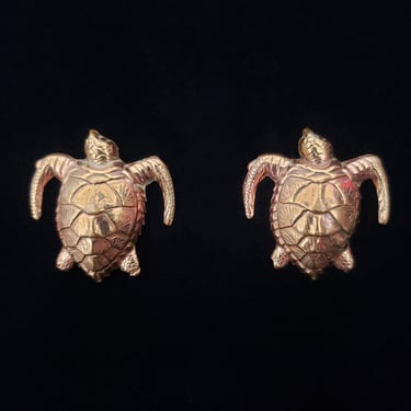 1990s Gold Tone Sea Turtle Pierced Earrings | 90s Vintage Animal Stud Earrings 