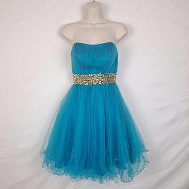 Vintage 2000s Blue Sparkle Strapless Party Dress 