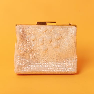 50s White Ivory Beaded Gold Hardware Purse Vintage 1950s Bead Formal Flower Clutch Bag 