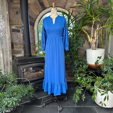Vintage 1970s Blue Ruffle Knit Dress Handmade 