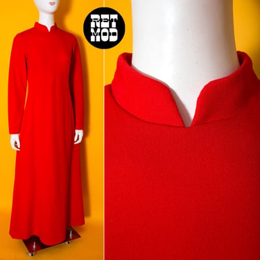 Fab Vintage 60s 70s Red Long Sleeve Maxi Dress with Mandarin Collar 