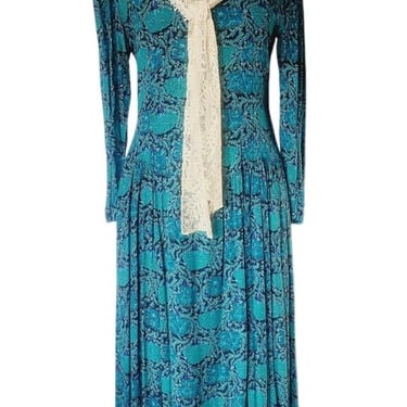 Vintage 1980s Dress Blue Rayon Print Cream Lace Shawl Collar Karin Stevens 