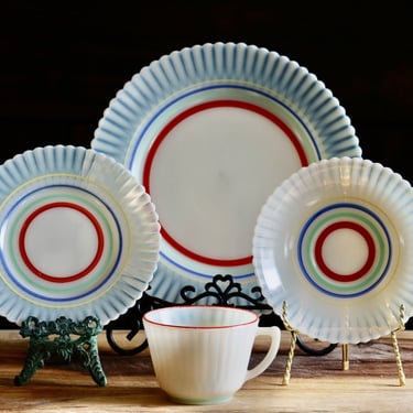 Vintage Macbeth Evans Petalware Dishes in Primary Colors, Retro Kitchenalia, Uranium Monax Glass, Dinner Plate, Salad Plate, Cup Saucer 