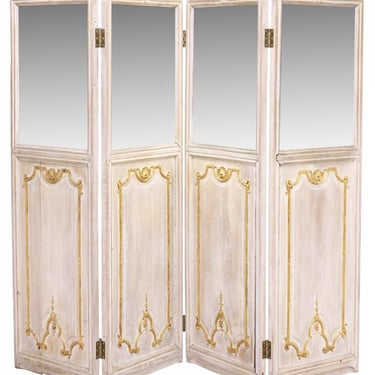 Antique French Louis XV Style Four Panel Folding Screen Room Divider in Painted White Finish with Giltwood Carvings & Mirrors 