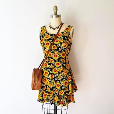 SIZE M All That Jazz Dress Black Yellow Sunflower Print Cross Back Vintage 90s 