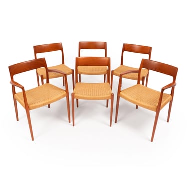 Vintage Niels Otto Møller Model 77 & 57 Teak Dining Chairs with Danish Papercord 