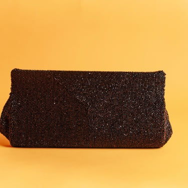 50s Black Micro Beaded Clutch Purse Vintage Rectangular Clasp Bead Evening Clutch 