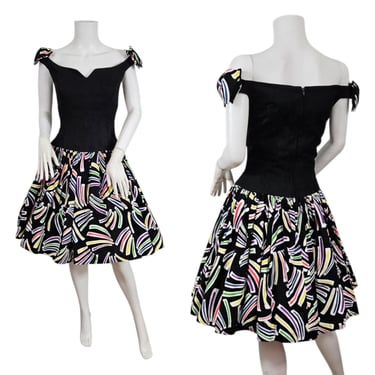 Lillie Rubin 1980s Black Cotton I Off Shoulder I Confetti Print I  Dress I Sz Med 
