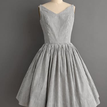 Vintage 1950s Dress | Gray Pinstripe Print Sweeping Full Skirt Cotton Sun Dress | Medium 