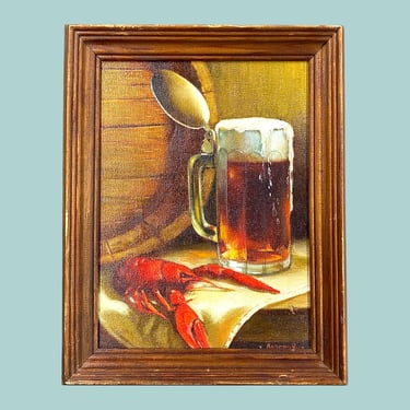 Vintage Still Life Painting 1980s Retro Size 11x9 Coastal + Lobster + Beer Pint + Oil on Stretched Canvas + Signed + Home Decor and Wall Art 