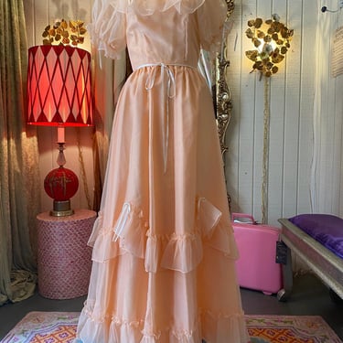 vintage 1980s sheer chiffon party dress, 80s prom, ruffled, puff sleeves, bows s 