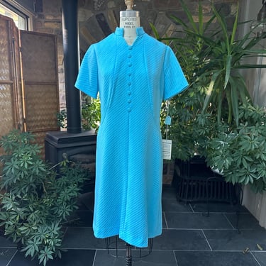 Vintage 1960s Blue Textured Double Knit Short Sleeve Dress Deadstock, Vintage Sixties Clothing 