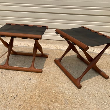 Pair (2) Vintage PH 43 Guldhojstolen Folding Chairs Stools in Teak by Poul Hundevad Danish Mid Century Modern 