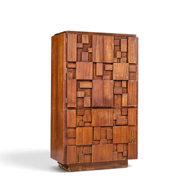 Lane Staccato Brutalist Mid Century Walnut Armoire Highboy Dresser - mcm 
