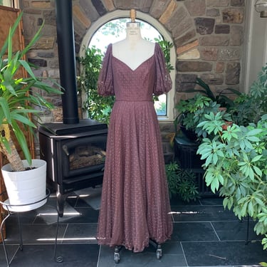 Vintage 1970s Brown Flocked Tulle Maxi Dress Rose Taft for Couture Fashions 