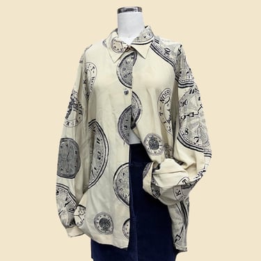 Vintage KIKIT Maurice Sasson Blouse 1990s Retro Womens Size Large + Preppy + 100%  Silk + Beige and Black + Clock Pattern + Button Front 