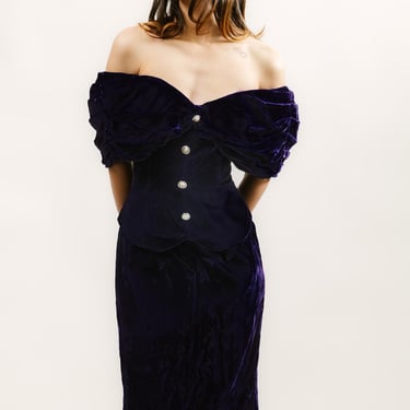 80s Off Shoulder Dress (M) medium purple vintage midi 