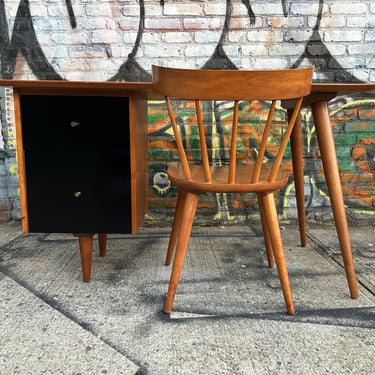Vintage Paul Mccobb mid century modern maple 2 drawer desk & chair tobacco finish black drawers 