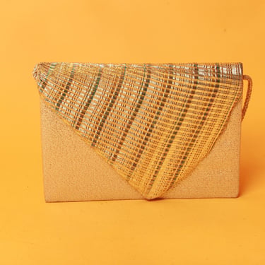 80s Gold Metallic Disco Glam Envelope Flap Clutch Vintage Braided Strap Evening Party Purse 