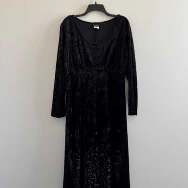 Vintage 90s Black Crushed Velvet Midi Dress Womens 16 Dark Romantic Whimsigoth Witchy 