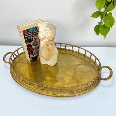 Vintage Brass Gallery Tray Retro 1970s Hollywood Regency + Oval Shape + Faux Bamboo + Rail Trim + Home Decor + Decoration + Made in India 