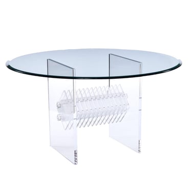 Clear Lucite Acrylic Pedestal Dining Table with Round Glass and Prism Center 