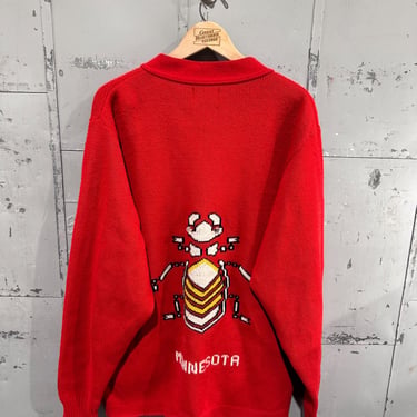 True Vintage 70s East Tenn Brand Acrylic Cherry Red Minnesota Picture Knit Cockroach Bug Cozy Cardigan Sweater XL 