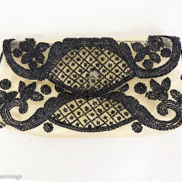 1960s Josef Black Beaded Clutch | Vintage Plastic Handbag 