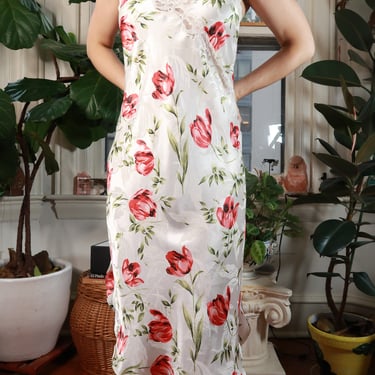 Vintage Y2K Floral Lace Trim Satin Slip Dress White Tulip Print Midi Dress