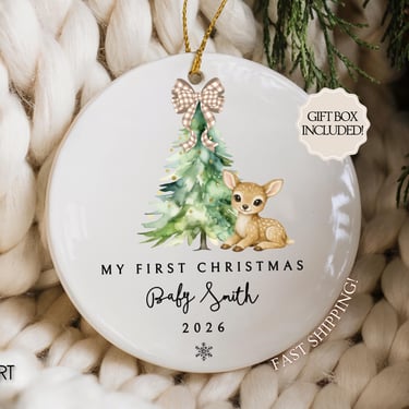 Custom Baby's First Christmas Ornament, Gender Neutral Personalized Gift for Baby, First Year Gift, Baby Deer Ornament, Baby Shower Gift by CloudArt