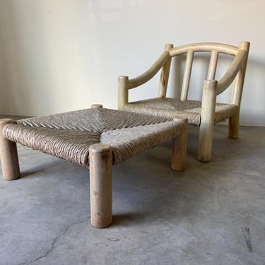 1980’s Michael Taylor–Style Whitewashed Wood Lounge Chair with Ottoman 
