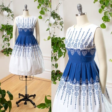 Vintage 1950s Sundress | 50s Embroidered Colorblock Cotton Blue White Fit and Flare Full Skirt Swing Day Dress | small 