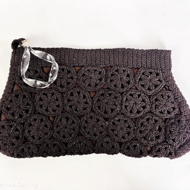 1940s Dark Brown Crochet Handbag | Vintage Lucite Handle Clutch 
