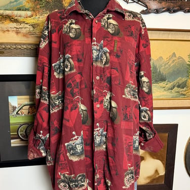 Vintage 1990s Button-Up Dress Shirt Motorcycle Print Men's XL 