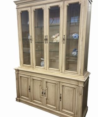 Vintage French Provincial whitewashed lighted 4-door china cabinet w/ glass shel