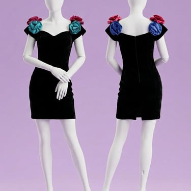 Vintage 1980s Black Velvet Party Dress With Large Jewel Tone Floral Rosettes XS 