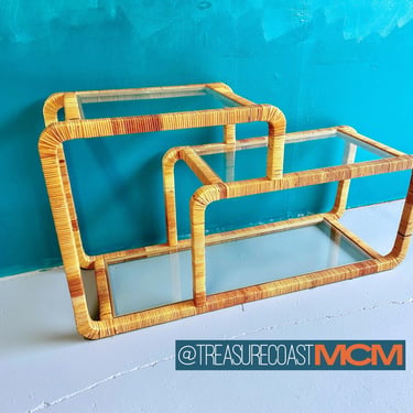 Mid Century Wrapped Rattan Geometric Low Etagere Shelf  - Boho MCM Wicker Bamboo Display Shelf Asymmetrical Modern Shape 