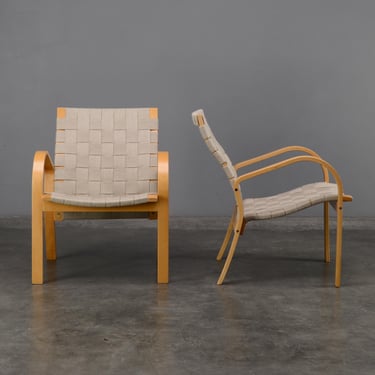 PAIR: Vintage Tord Björklund 'Sunne' Lounge Chairs in Birch and Natural Linen Scandinavian Modern 