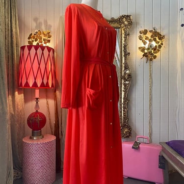 1970s red nylon robe, 70s dressing gown, nancy king lingerie, loungewear, m/l 