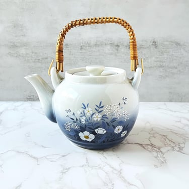 Vintage Otagiri Teapot – Blue & White Floral Ceramic with Rattan Handle, Handcrafted Japan Pottery, Cottagecore Kitchen Decor 