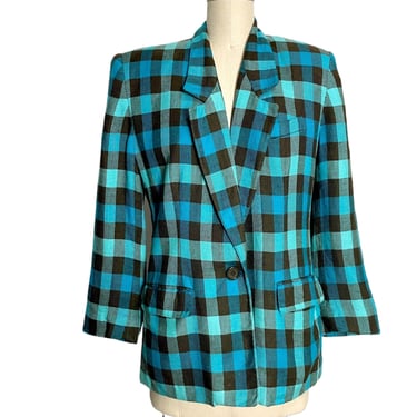 Anne Klein II Blazer Vintage 80s Linen Plaid Jacket Teal Brown Buffalo Check ILGWU USA Medium Petite 