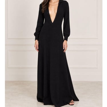 Vintage Navy Black Knit Sweater Dress Size Small Deep V Neck Long Sleeve Maxi Dress 
