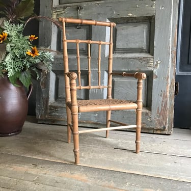 French Miniature Chair, Faux Bamboo, Double Back, Original Caning, Rare, Childs, Doll Furniture, Wooden Chair, 1920s 