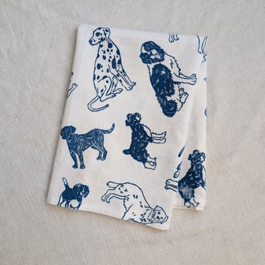 Dog Tea Towel - Handprinted Cotton - Navy - ~28x28 inches 