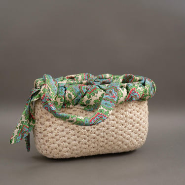 Vintage Walborg Japan Straw Purse Woven Raffia Handbag w/ Paisley Scarf Handle Summer Bag 