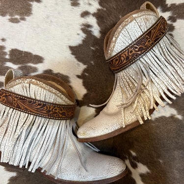 Handcrafted Vintage Ivory Leather Frye Boots with Fringe and Western Belts size 9-9 1/2 