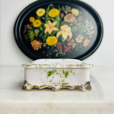 Antique Rectangle Jewelry Box, pre-1910 Dithridge opal milk glass, for dresser box, ring dish, antique, collectible, Valentines day, gift 