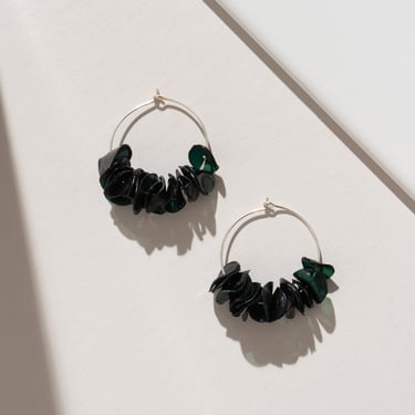 Sustainable Dark Green Hoop Earrings Handmade with 100% Recycled Materials | Light with Floral Motif | Floral Pendant | Up-cycled and Light 