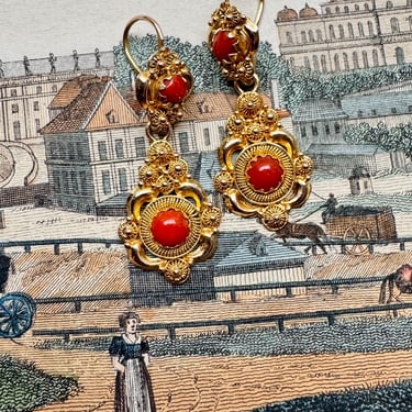Rare Antique Early Victorian 14K Yellow Gold Coral Cannetille Day & Night Earrings 