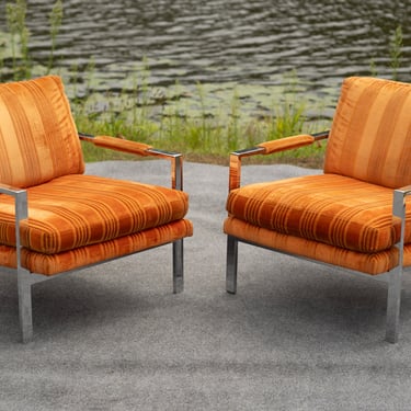 Pair of Milo Baughman for Thayer Coggin Chrome Steel Flat Bar Lounge Club Chairs